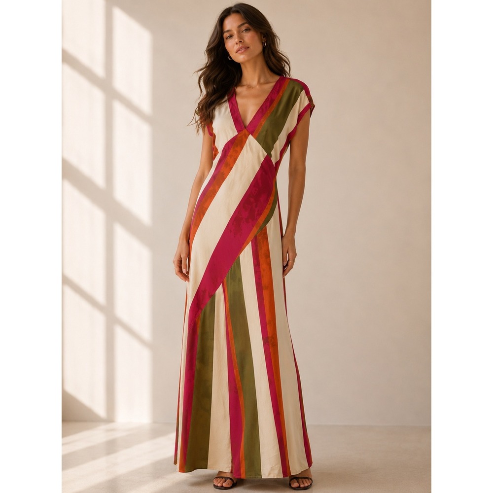 MNG Mango Maxi Dress 6 Bias Cut Italian Fabric V-Neck Colorblock resort boho